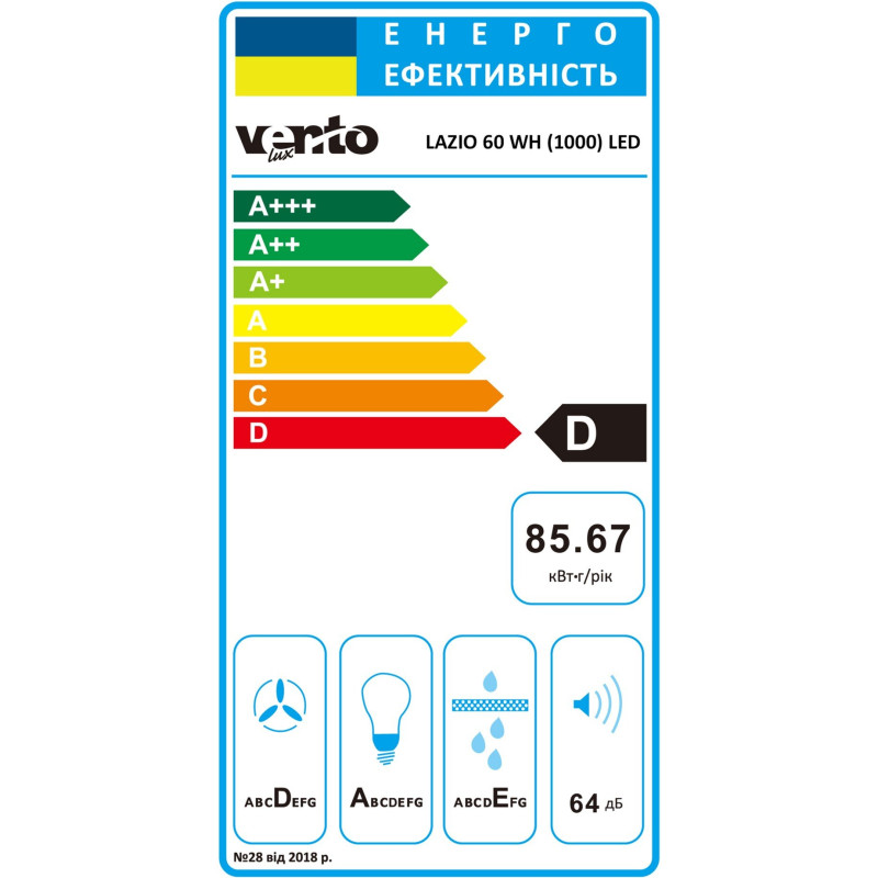 Витяжка VENTOLUX LAZIO 60 WH (1000) LED