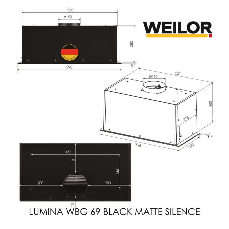 Витяжка WEILOR LUMINA WBG 69 BLACK MATTE SILENCE