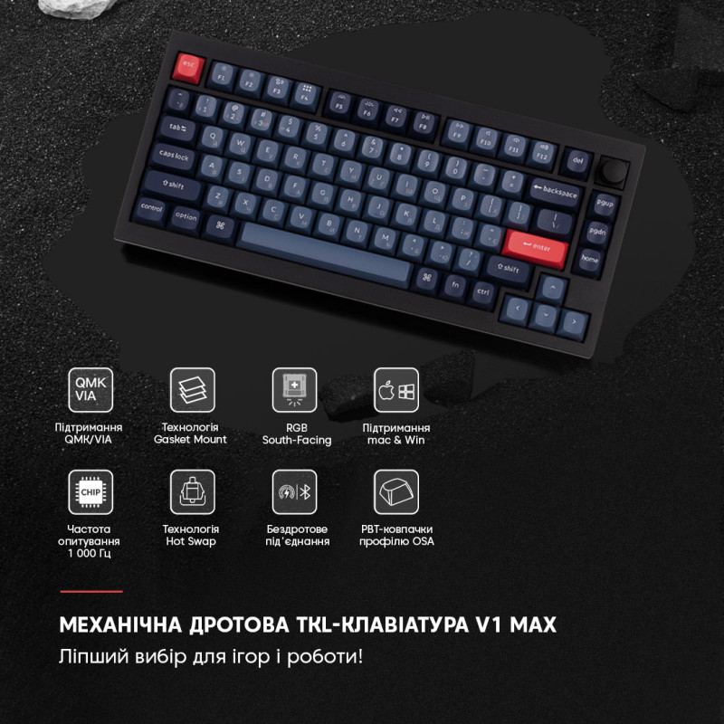 Клавіатура Keychron V1 Max 84Key, Gateron Jupiter Red, WL/BT/USB-A (V1MD1_KEYCHRON)