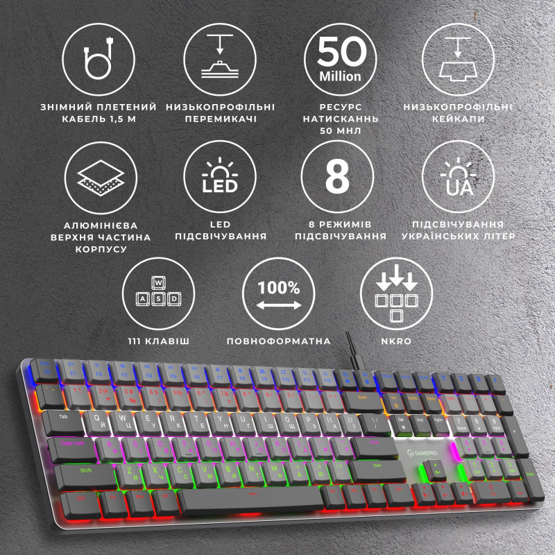 Клавіатура GamePro MK145R Red Switch Low Profile Dark Gray