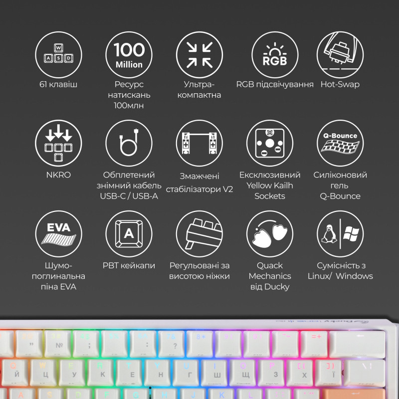 Клавіатура Ducky One 3 Mini Cherry MX Brown RGB White UA (DKON2161ST-BUAPXPWWWSC1)