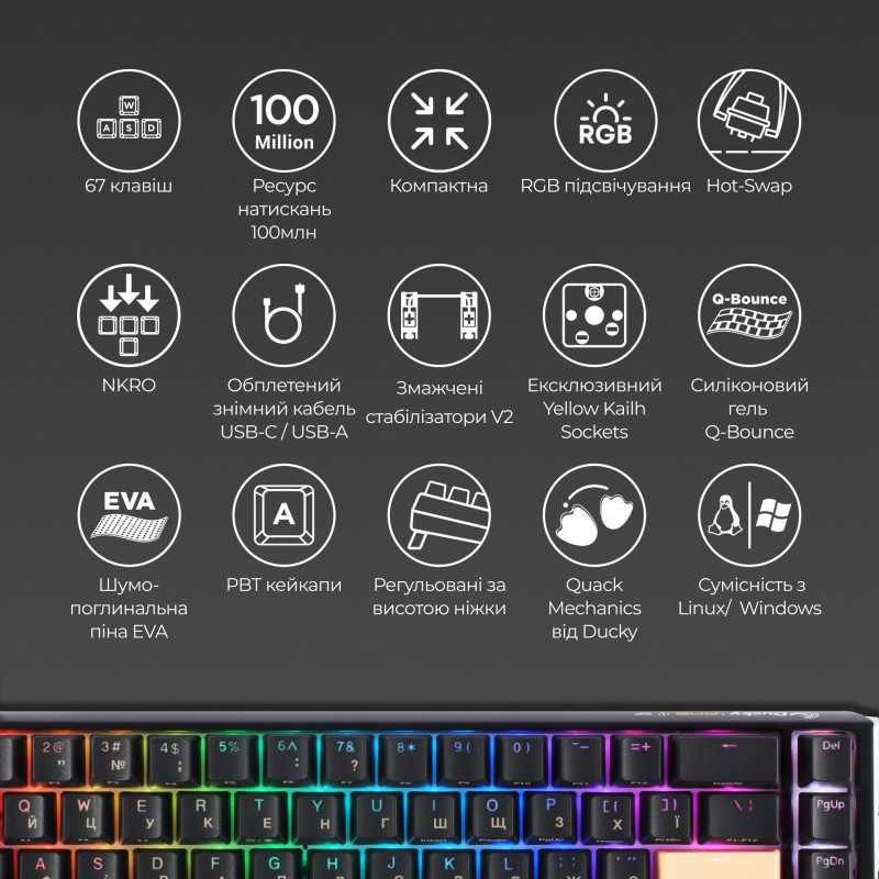 Клавіатура Ducky One 3 SF Cherry MX Red RGB Black UA (DKON2167ST-RUAPXCLAWSC1)