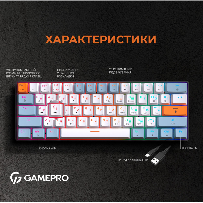 Клавіатура GamePro MK130R Hot-Swap Red Switch RGB USB UA Black (MK130R)