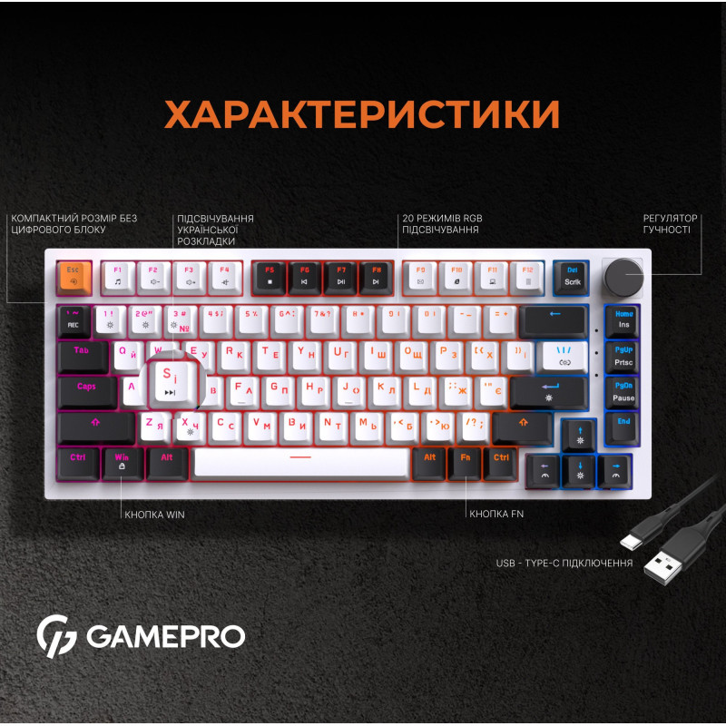 Клавіатура GamePro MK160W Hot-Swap Red Switch RGB USB UA White (MK160W)