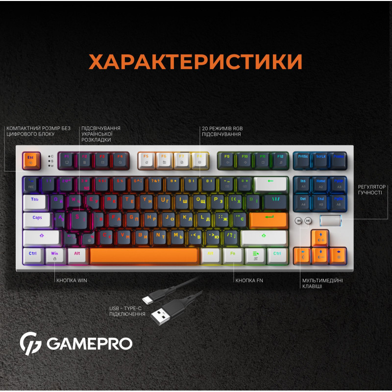 Клавіатура GamePro MK180W Hot-Swap Red Switch RGB USB UA White (MK180W)