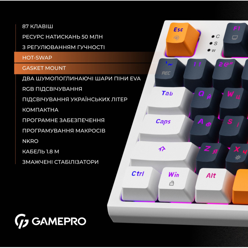 Клавіатура GamePro MK180W Hot-Swap Red Switch RGB USB UA White (MK180W)