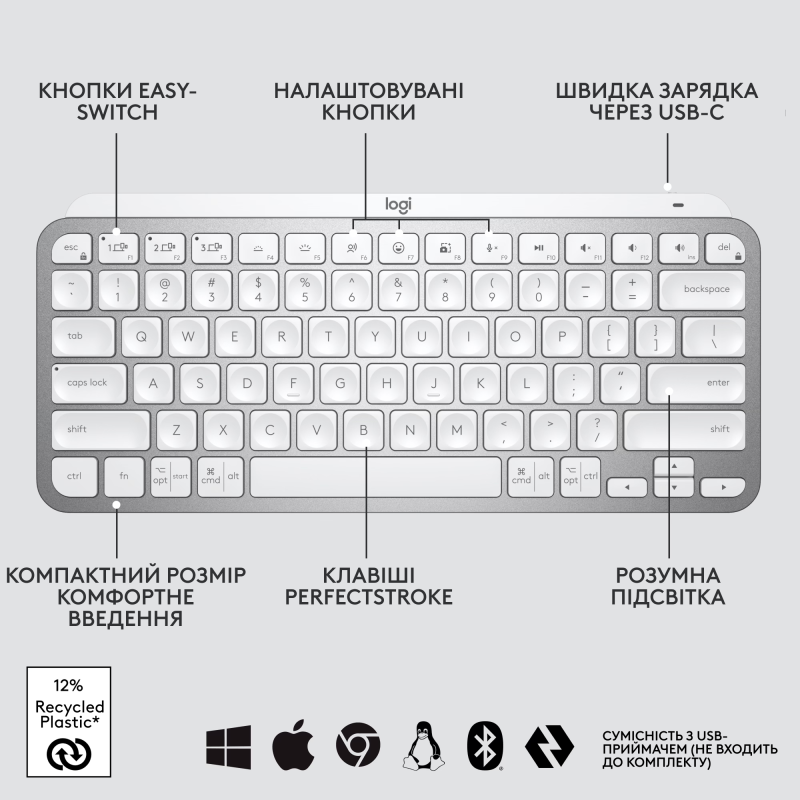 Клавіатура Logitech MX Keys Mini For Mac Wireless Illuminated Pale Gray (920-010526)