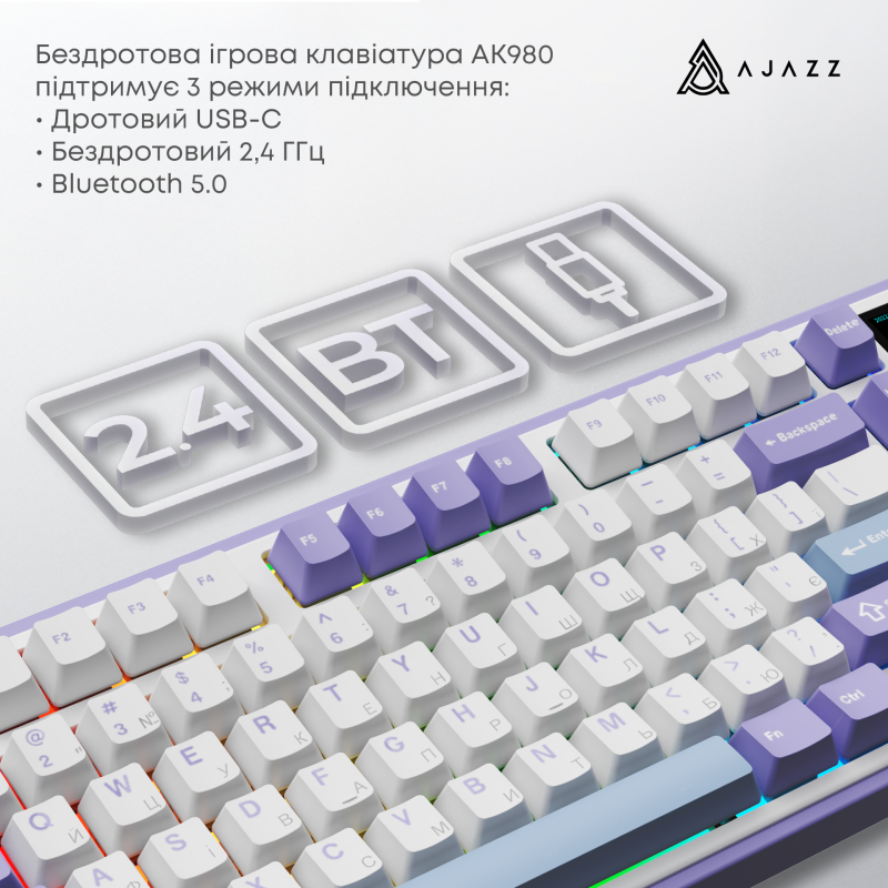Клавіатура Ajazz AK980 RGB Clear Sky Switch Wireless With Screen (AK980-CS-PWB) Purple