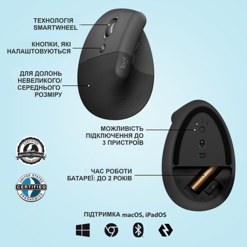 Мишка Logitech Lift Left Vertical Ergonomic Wireless/Bluetooth Graphite (910-006474)