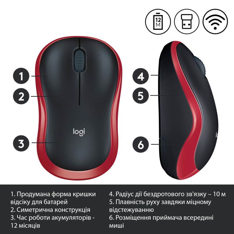 Миша Logitech M185 Wireless Mouse Red (910-002237)