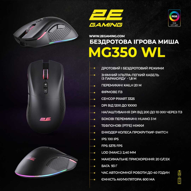 Мишка 2E GAMING MG350 WL RGB USB Black (2E-MG350UB-WL)