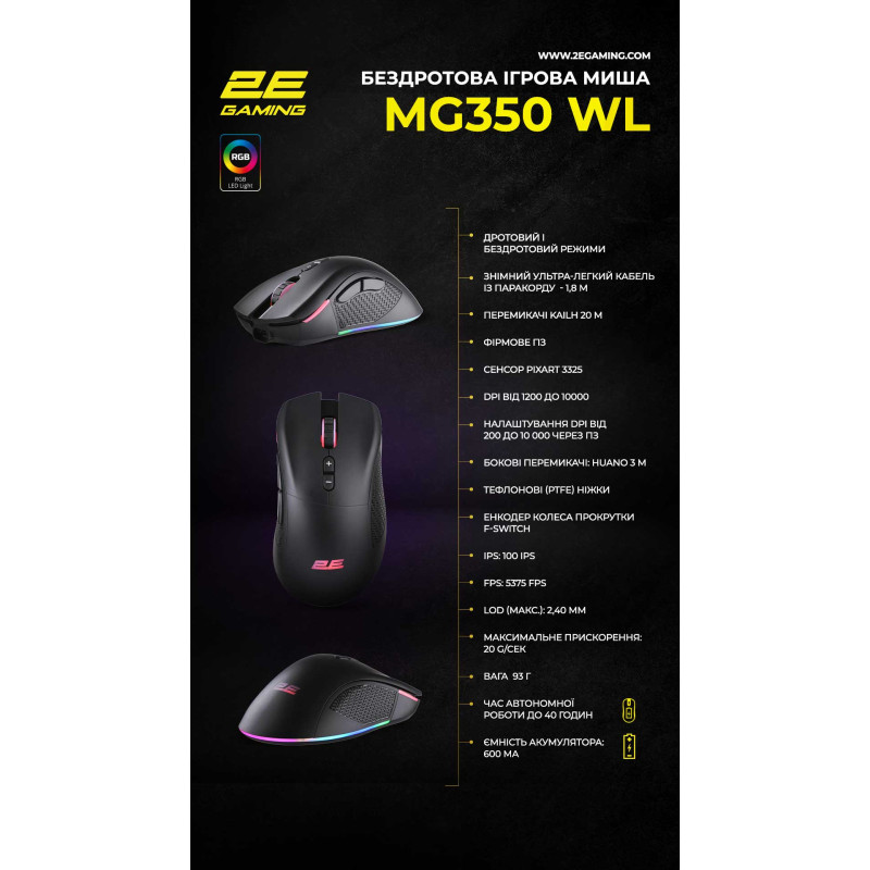 Мишка 2E GAMING MG350 WL RGB USB Black (2E-MG350UB-WL)
