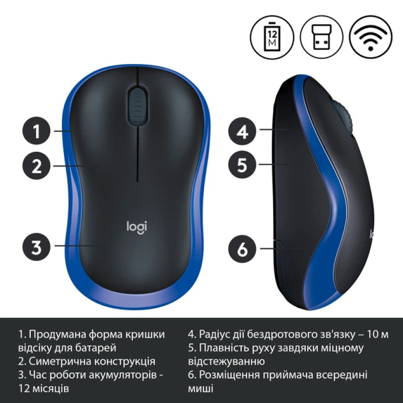 Миша LOGITECH Cordless M185 Blue (910-002239)