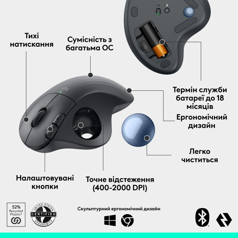 Мишка Logitech Ergo M575S Graphite + Blue Ball (910-007029)