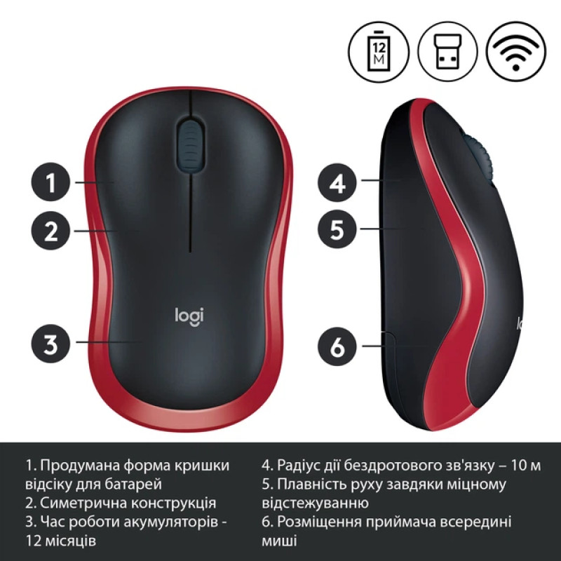 Миша LOGITECH Wireless Mouse M185 RED, EER2 (910-002240)