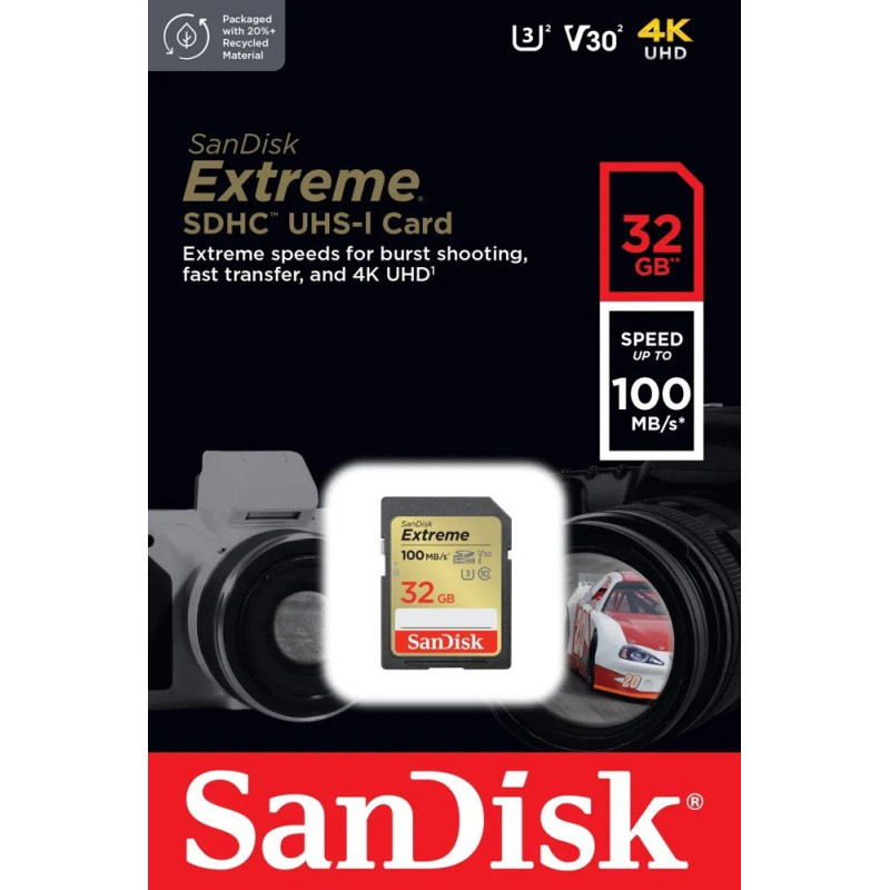 Карта пам'яті SanDisk SD 32GB C10 UHS-I U3 R100/W60MB/s Extreme V30 (SDSDXVT-032G-GNCIN)