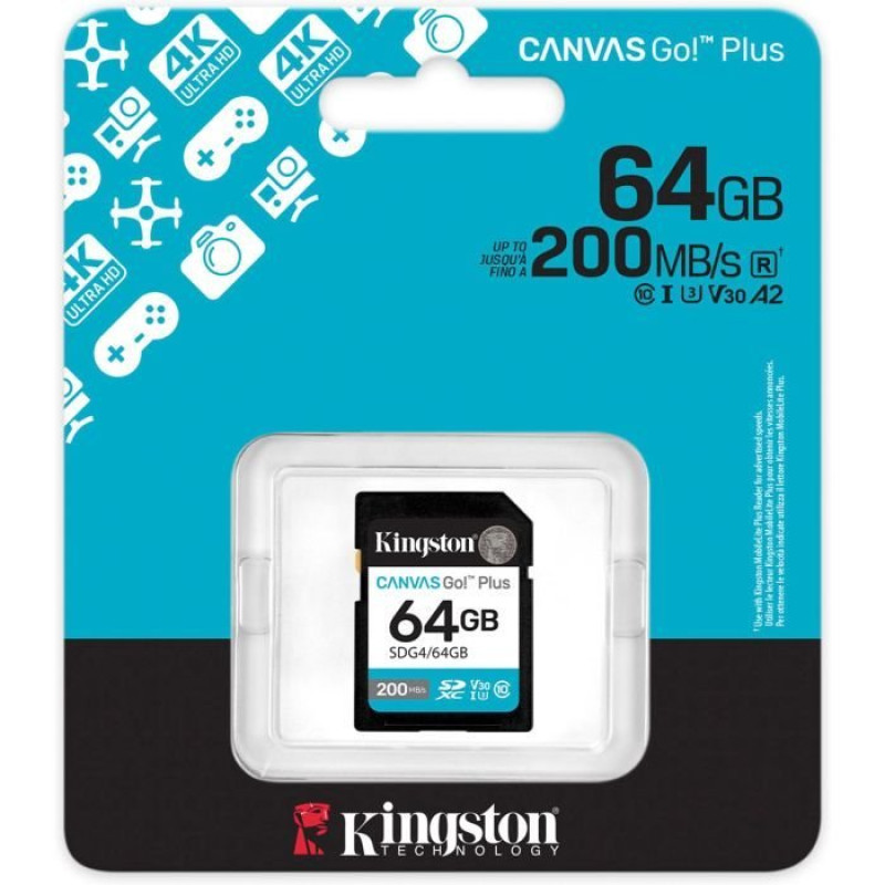 Карта пам'яті Kingston SDXC 64GB UHS-I/U3 Class 10 Canvas Go! Plus R200/W200MB/s (SDG4/64GB)