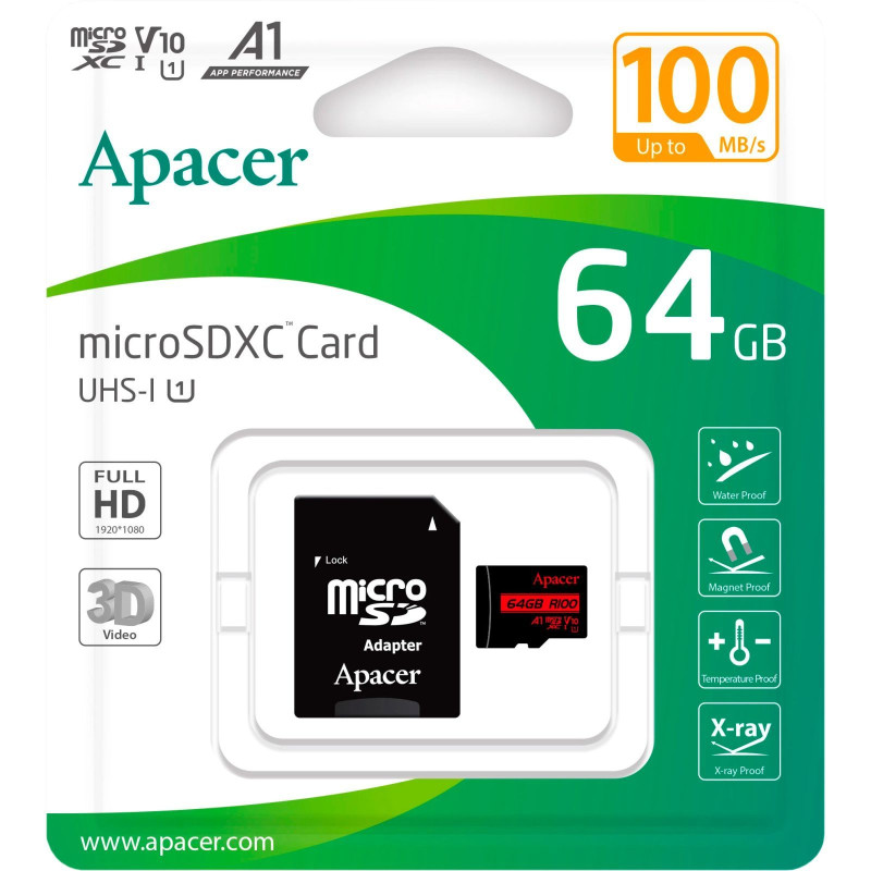 Карта пам'яті Apacer MicroSDHC 64GB UHS-I Class 10 + SD adapter (AP64GMCSX10UB-R)
