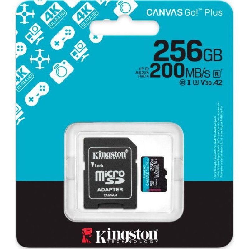 Карта пам'яті Kingston microSDXC 256GB Canvas Go! Plus G4 Class 10 UHS-I U3 V30 A2 + SD-адаптер (SDCG4/256GB)