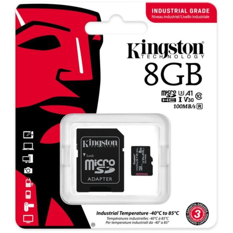 Карта пам'яті Kingston Industrial microSDHC 8GB UHS-I U3 V30 + SD-адаптер (SDCIT2/8GB)