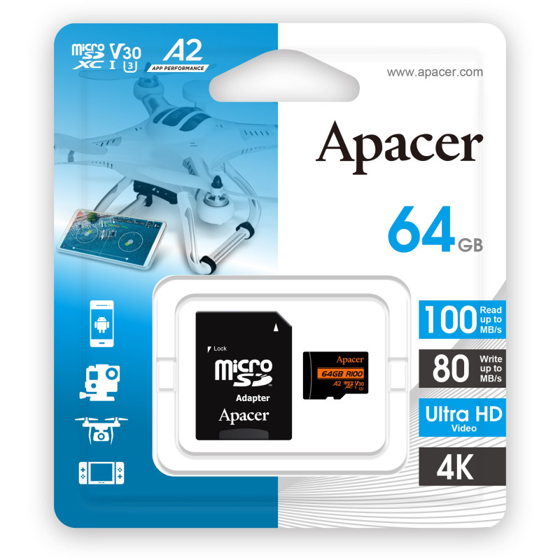 Карта пам'яті Apacer 64GB microSD class 10 UHS-I U3 (AP64GMCSX10U8-R)