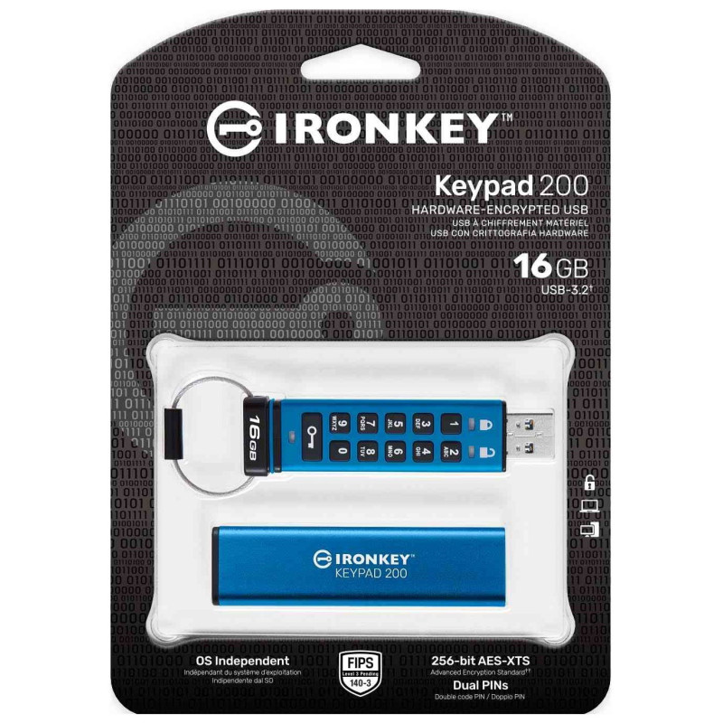 USB флешка Kingston 16GB IronKey Keypad 200 Type-A Blue USB3.2 (IKKP200/16GB)