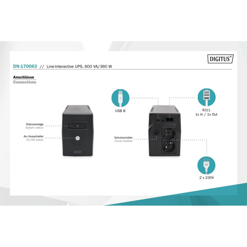 ДБЖ DIGITUS 600VA/360W (DN-170063)