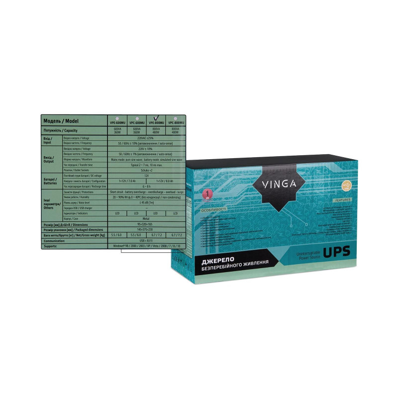 ІБП Vinga LED 800VA металевий корпус з USB (VPE-800MU)