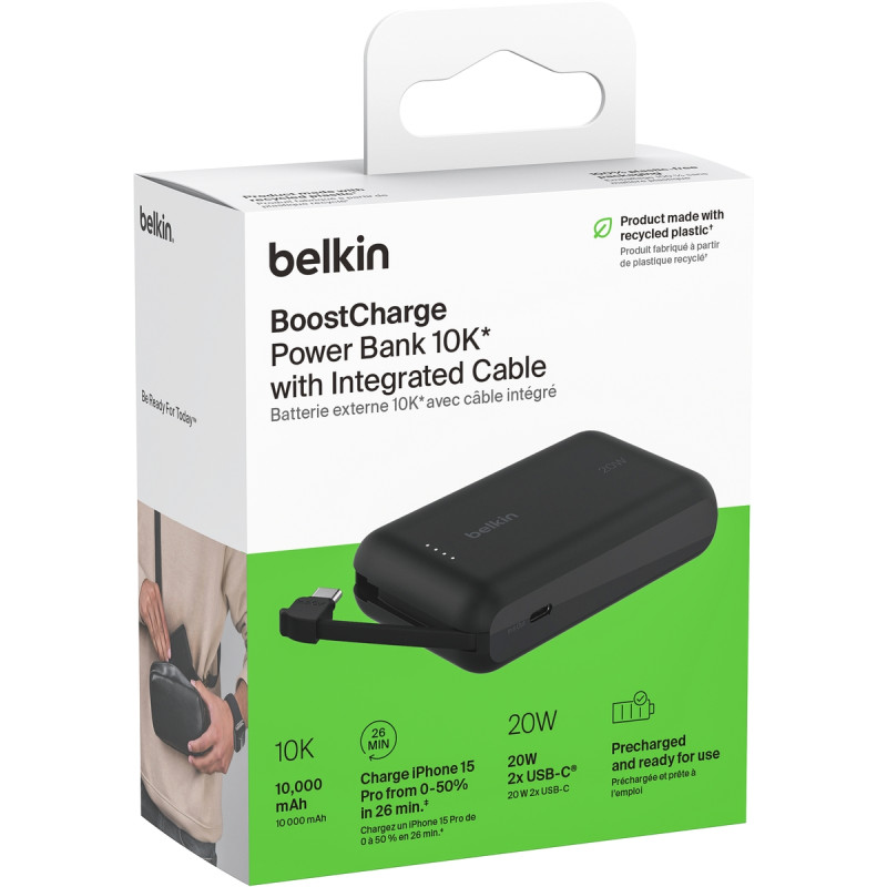 UMB Belkin Power Bank 10K з інтегрованим кабелем тип-C 10000mah 20W чорний (BPB021HQBK)