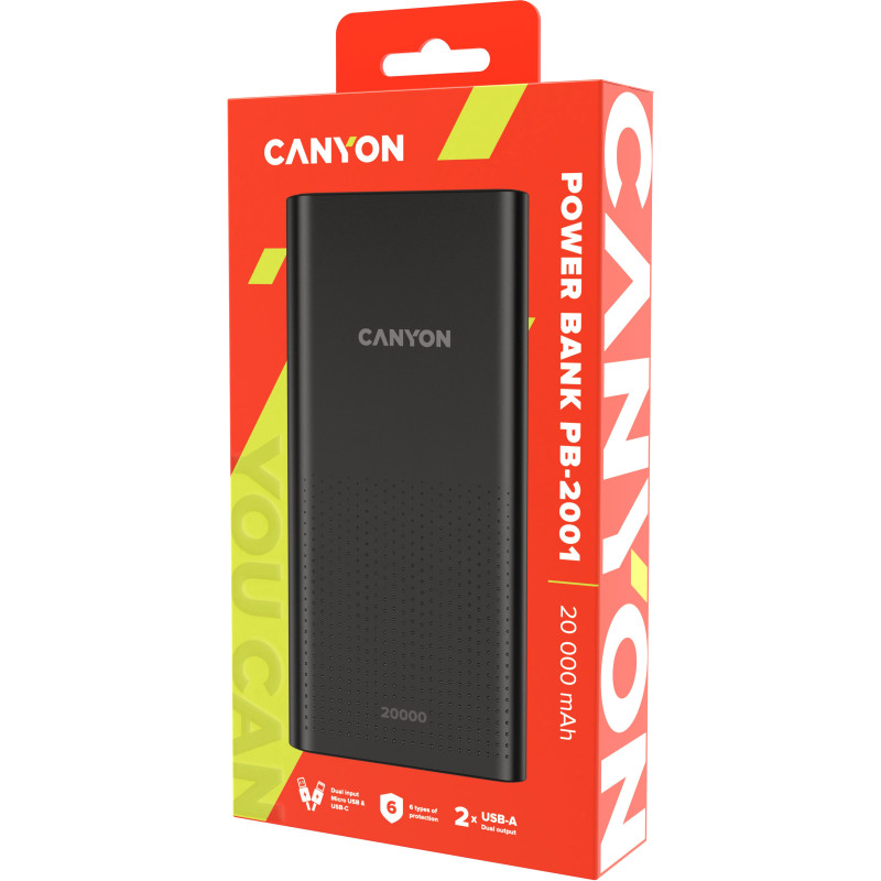 УМБ Canyon 20000mAh, Input 5V/2A, Output 5V/2.1A(Max), Black (CNE-CPB2001B)