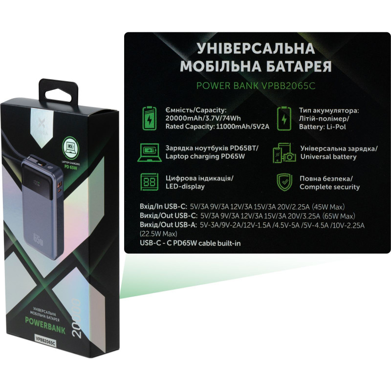 UMB VINGA 20 000 MAH 65W Дисплей USB-C Cable Grey (VPB2065C)