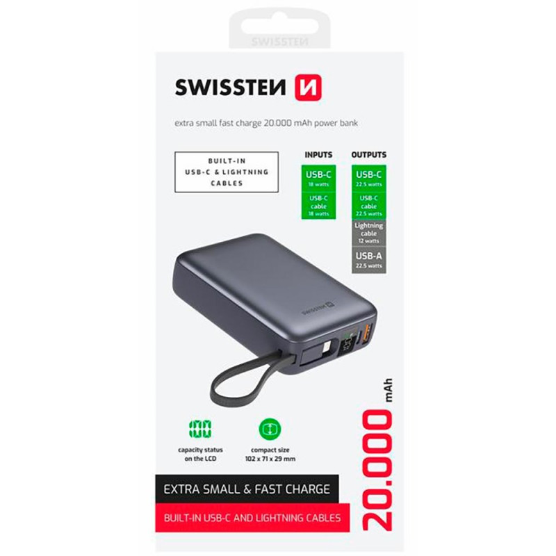 УМБ SWISSTEN 20000mAh SPACE 22/5W PD QC w/built-in cables USB-C/LIGHTNING Silver (8595217490598)