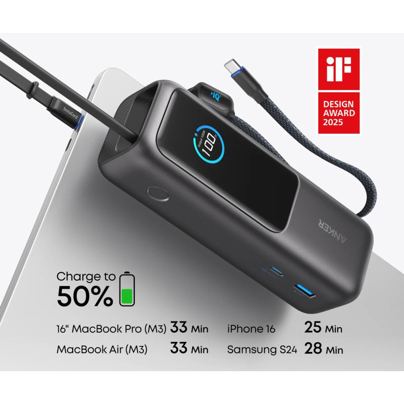 УМБ ANKER 25000 mAh 165W PD Built-In Double USB-C Cables (A1695H11)