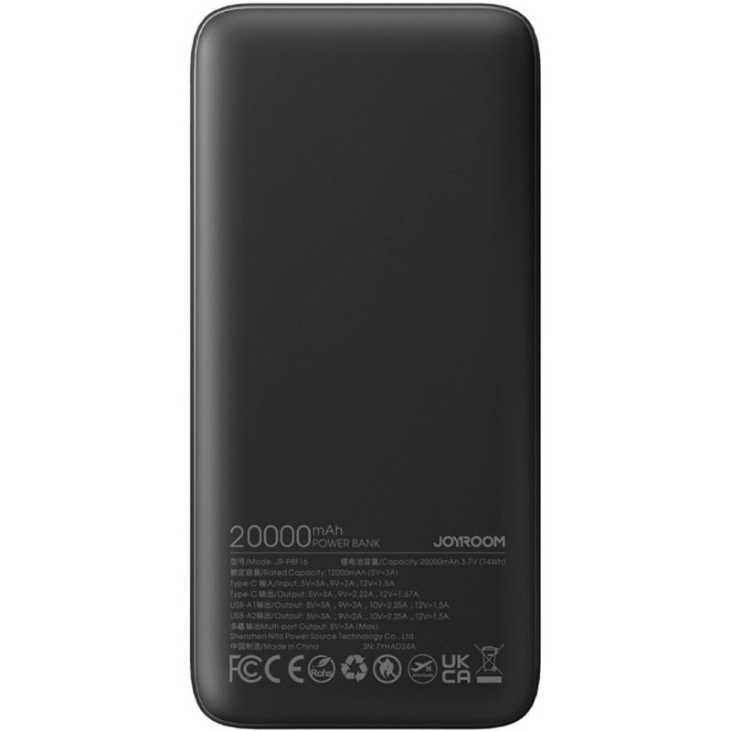 УМБ JOYROOM 20000mAh 22,5W PD, QC/3.0, 2*USB-A, USB-C In/Out Black (JR-PBF16)