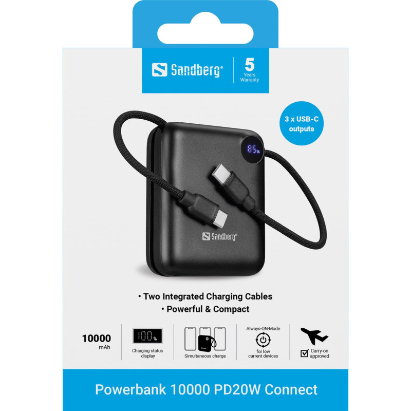 УМБ Sandberg 10000mAh PD/3.1/20W, QC/3.0, USB-C In/Out, 2 cables USB-C (421-26)