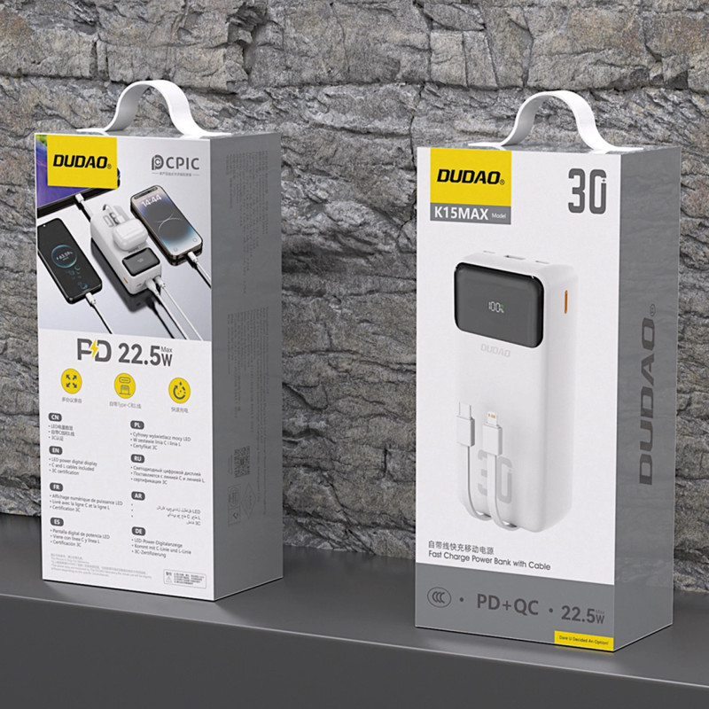 УМБ Dudao K15Max 30000mAh 22.5W PD LED 2 in 1 White