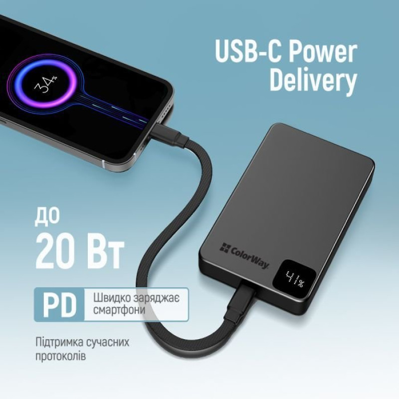 УМБ ColorWay 10000mAh 15W MagSafe (USB-C PD 20W) Black (CW-PB100LPA1BK-WPDD)