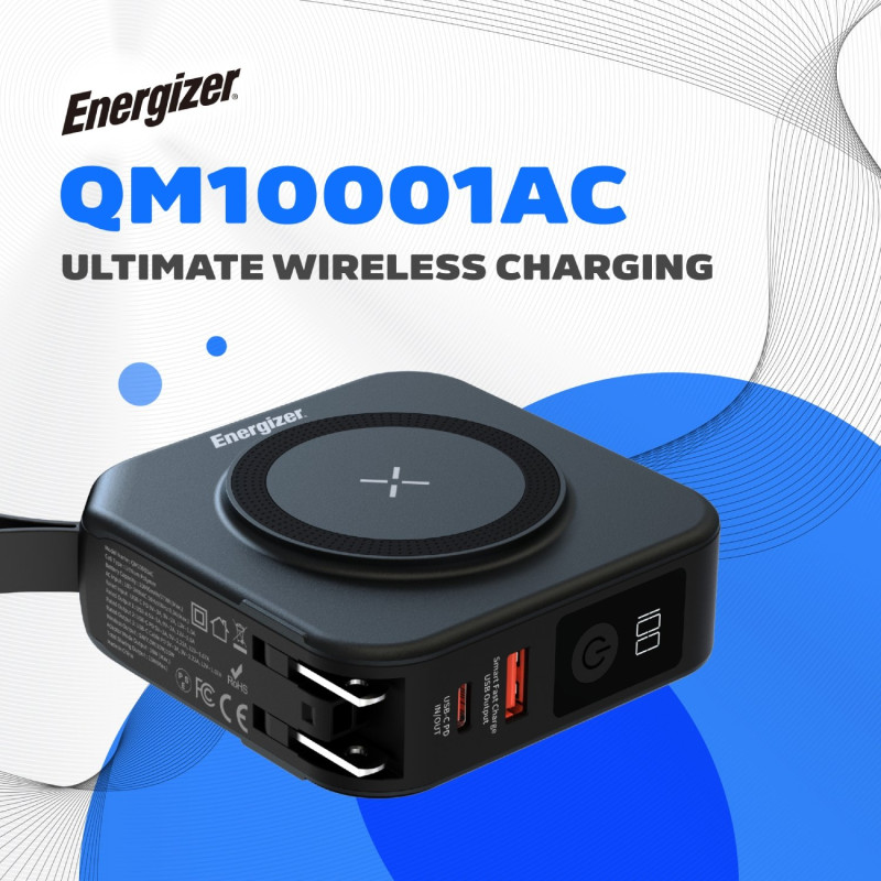 УМБ Energizer Magnetic Wireless 10000mAh 20W PD, AC зарядка, QI/15W, built-in USB-C (QM10001AC)