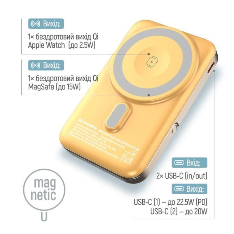 УМБ ColorWay 10000mAh 15W MagSafe & Watch Wireless Amber (USB-C PD 22.5W) (CW-PB100LPA2Y-WPDD)