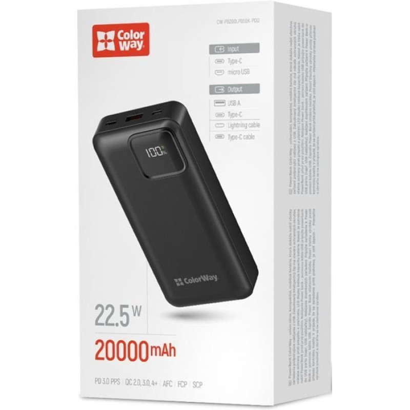 УМБ ColorWay 20 000 mAh Optimal Power PD/22.5W, QC/3.0, Black (CW-PB200LPB5BK-PDD)