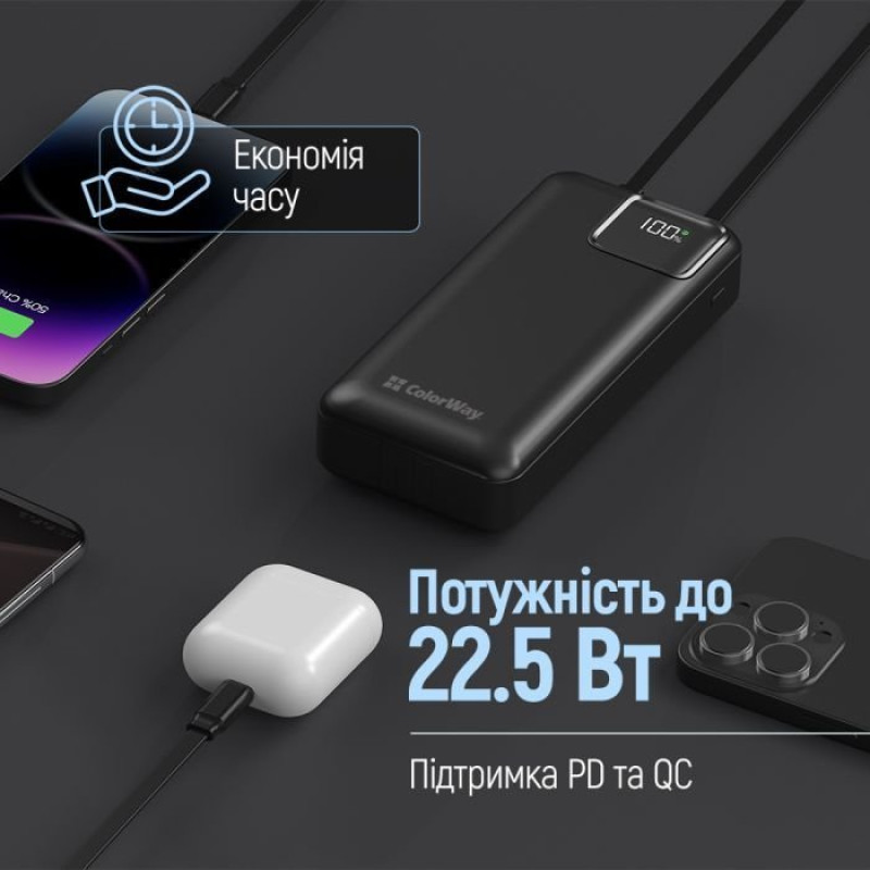 УМБ ColorWay 20 000 mAh Optimal Power PD/22.5W, QC/3.0, Black (CW-PB200LPB5BK-PDD)