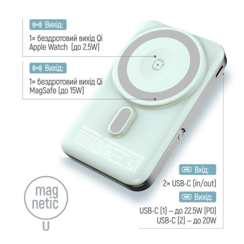 УМБ ColorWay 10000mAh 15W MagSafe & Watch Wireless Aquamarine (USB-C PD 22.5W) (CW-PB100LPA2MT-WPDD)