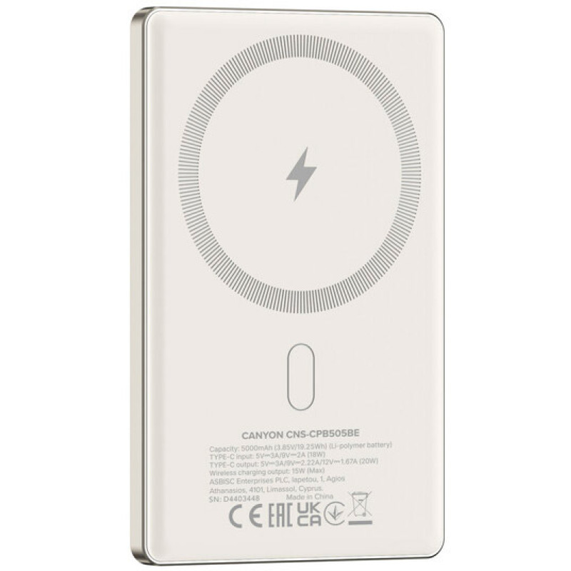 УМБ Canyon 5000mAh OnPower 505 slim Magsafe PD/20W Beige (CNS-CPB505BE)