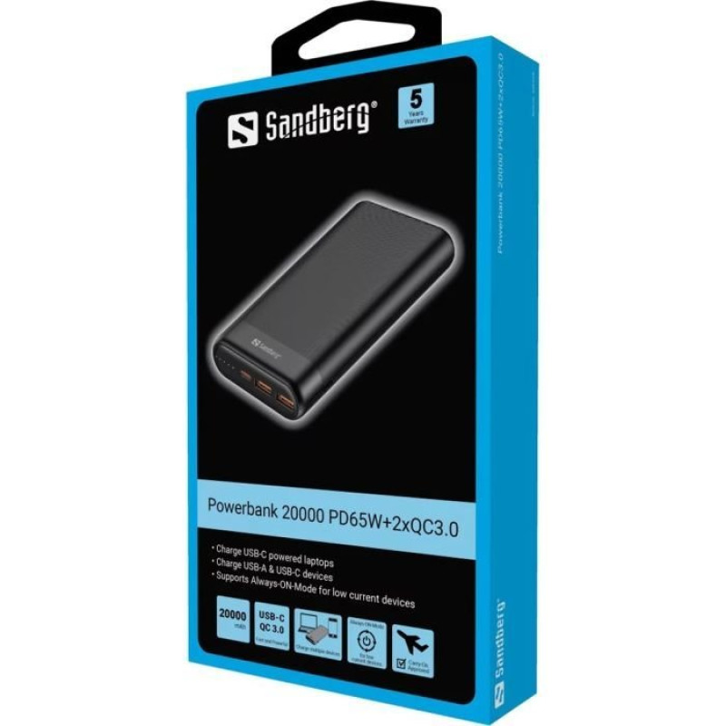 УМБ Sandberg 20000mAh, PD/65W, QC/3.0, Always-ON-Mode, +cable 100W (420-62)