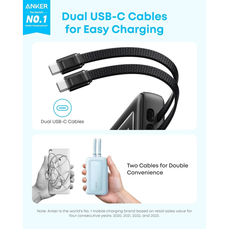 УМБ ANKER 20000 mAh 45W Built-In Dual USB-C Cables Black (A1681H12)