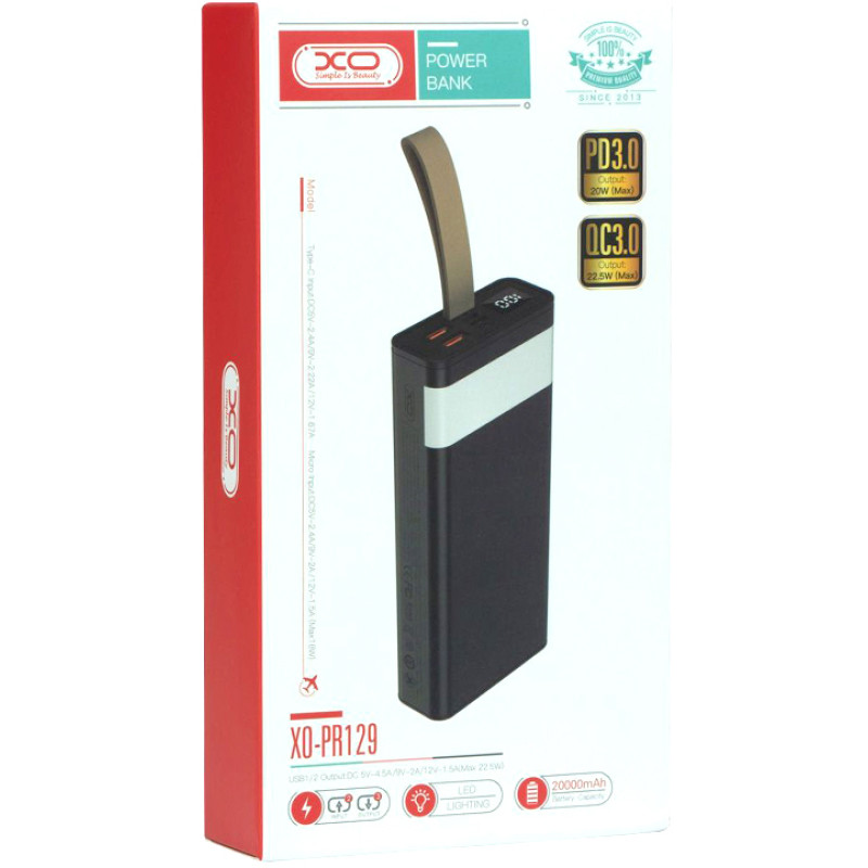 Батарея універсальна XO 20000mAh black (PR129)