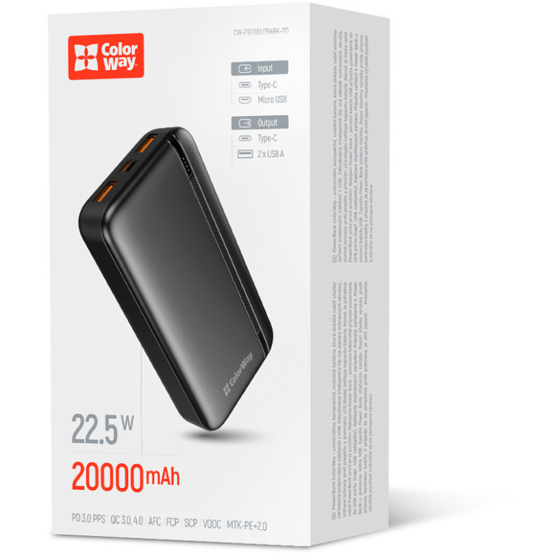 УМБ ColorWay 20000mAh 22.5W USB+USB-C Black (CW-PB200LPB4BK-PD)