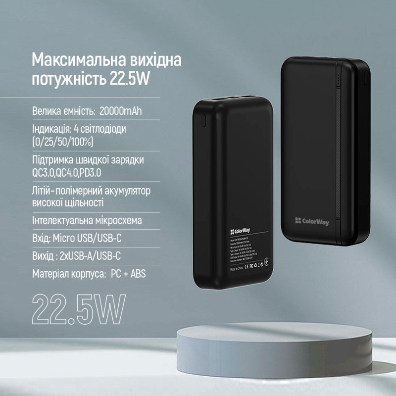 УМБ ColorWay 20000mAh 22.5W USB+USB-C Black (CW-PB200LPB4BK-PD)