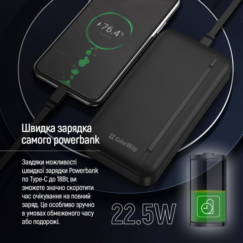 УМБ ColorWay 20000mAh 22.5W USB+USB-C Black (CW-PB200LPB4BK-PD)