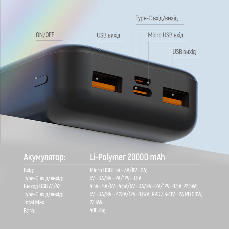 УМБ ColorWay 20000mAh 22.5W USB+USB-C Black (CW-PB200LPB4BK-PD)